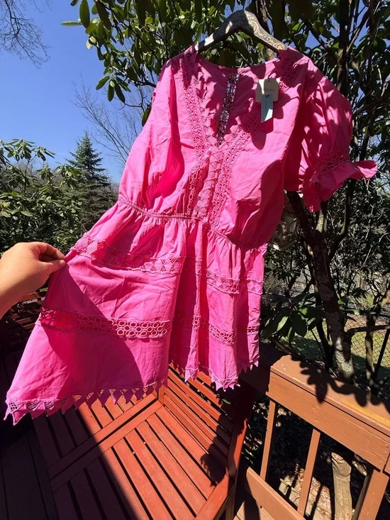 Anthropologie Bright Hot Pink Crochet-Trim Dress - Picture 12 of 16